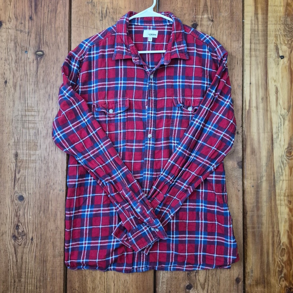 Sonoma Goods For Life Mens XXL Red Blue Plaid Flannel Button Down Shirt Cotton